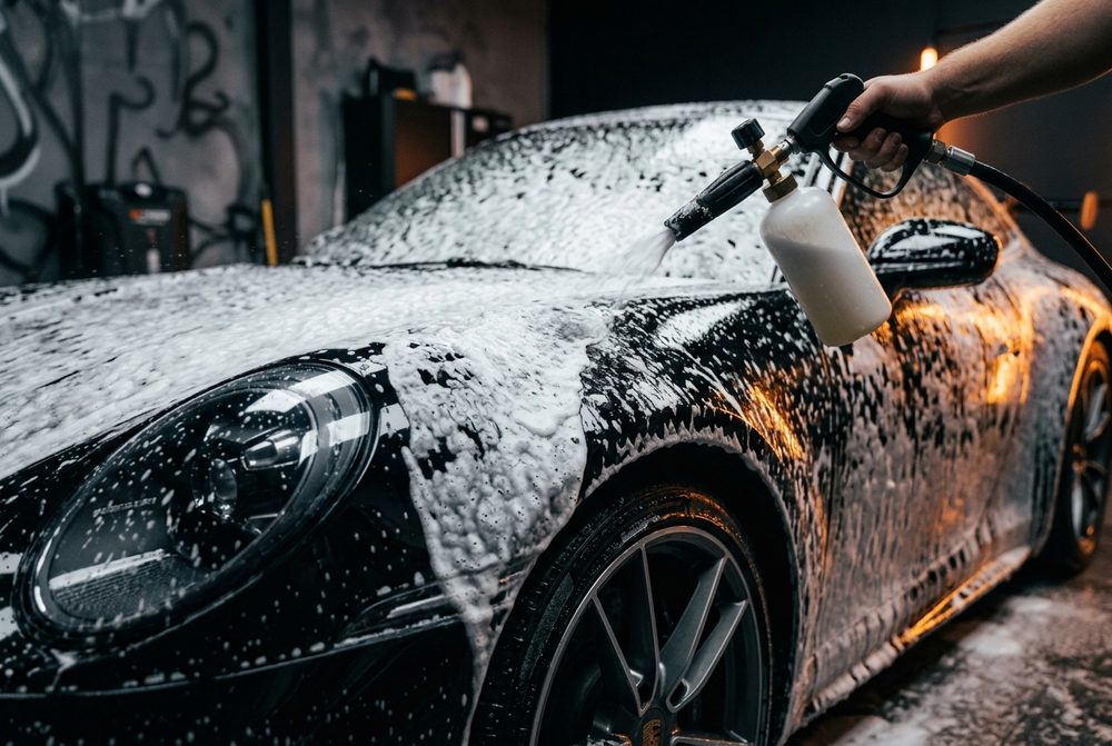Carro esportivo preto na lavagem com snow foam na VISION Studio Automotivo